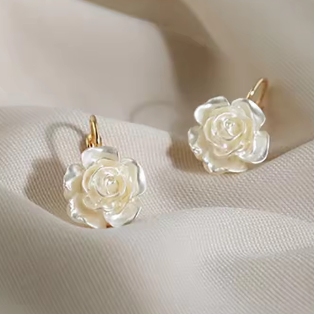 White Rose Flower Earrings – Elegant Pearl Petal Design Gold Clip Earrings